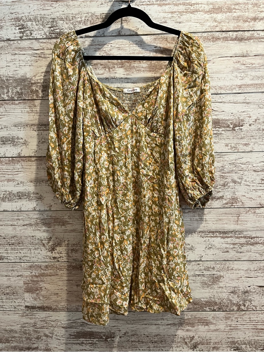 Free People Olive Green Floral Midi Dress with Puff Sleeves